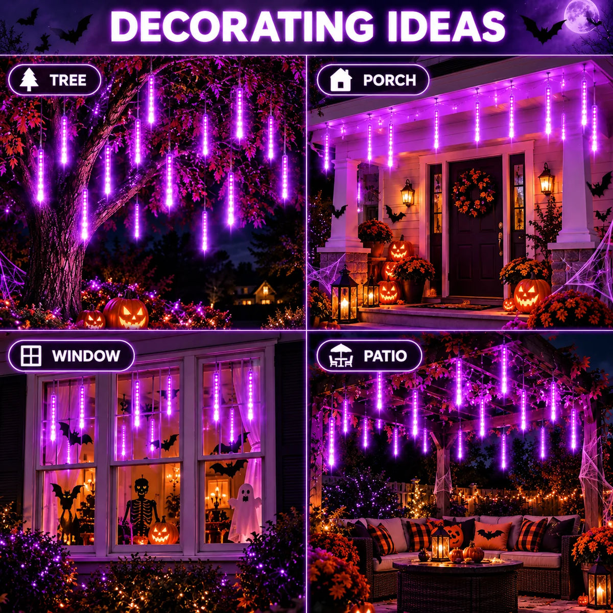 Guirlande LED pluie de météores – 8 tubes lumineux Halloween
