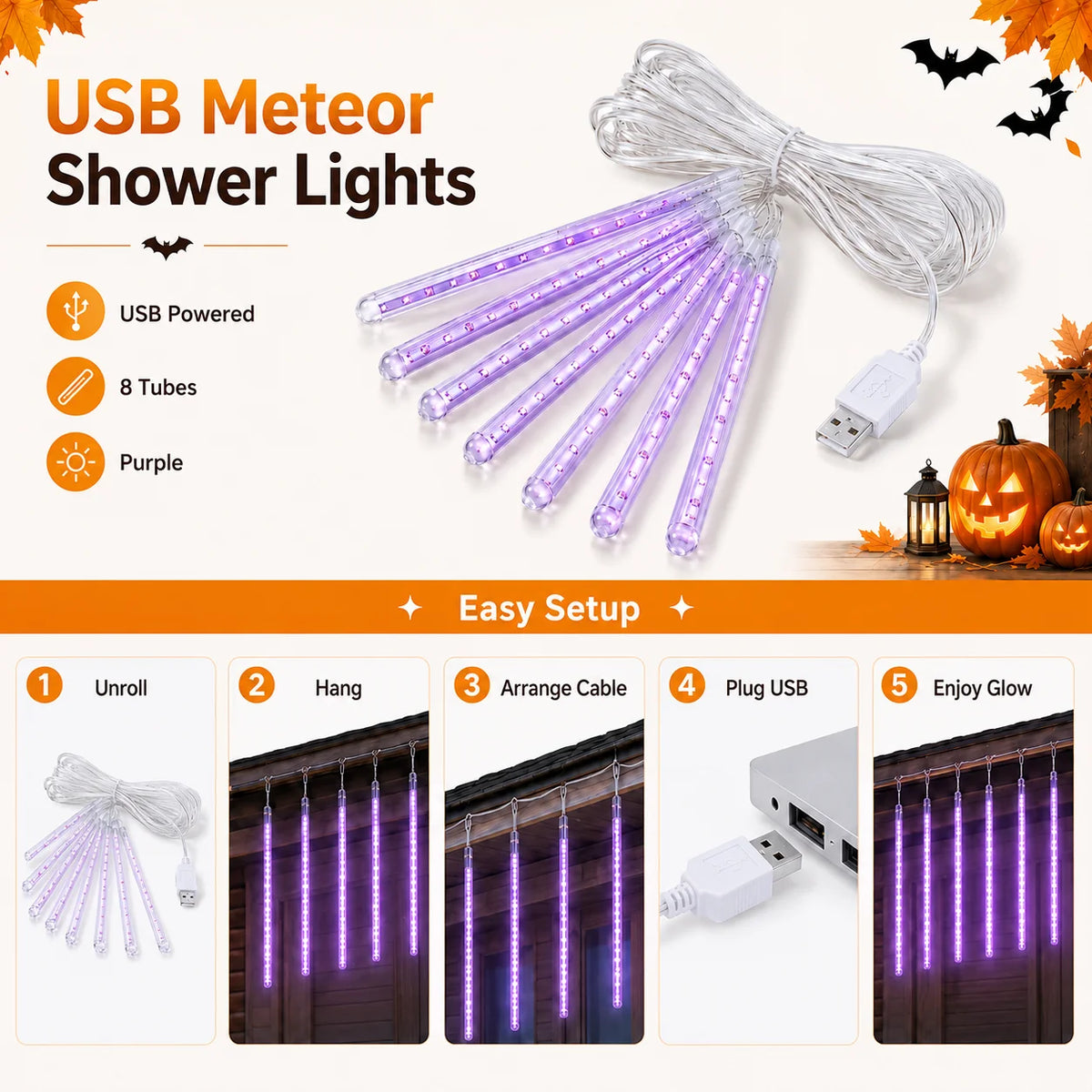 Guirlande LED pluie de météores – 8 tubes lumineux Halloween