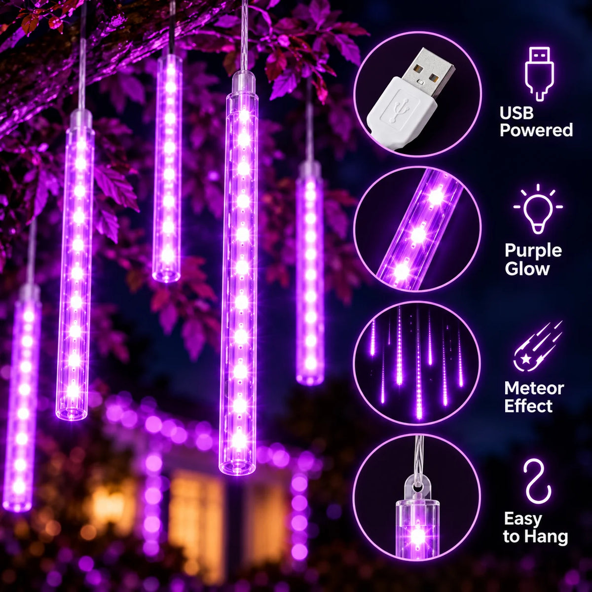 Guirlande LED pluie de météores – 8 tubes lumineux Halloween