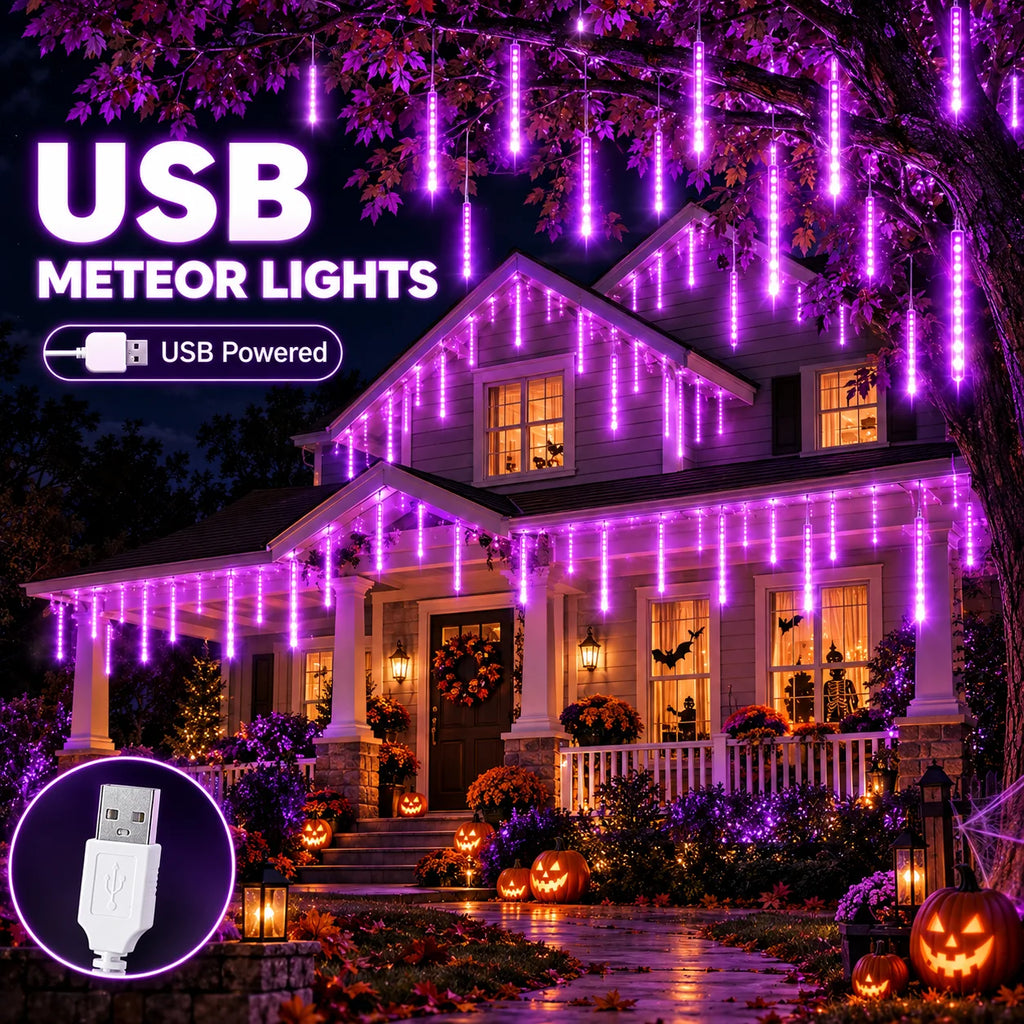 Guirlande LED pluie de météores – 8 tubes lumineux Halloween