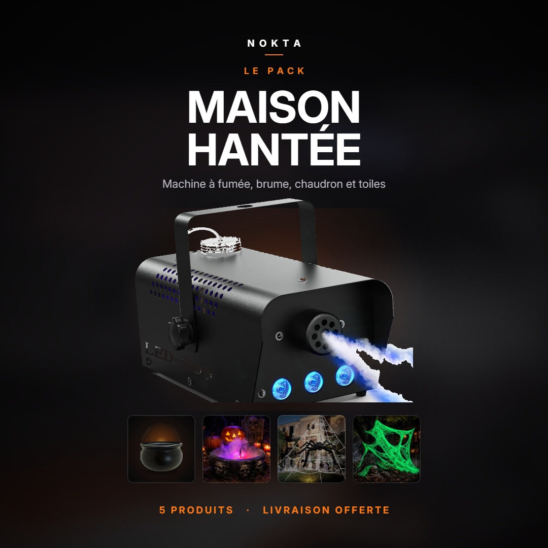 Pack Maison Hantée NoKta : machine à fumée 500 W, brumisateur, chaudron 32 cm et deux toiles d'araignée