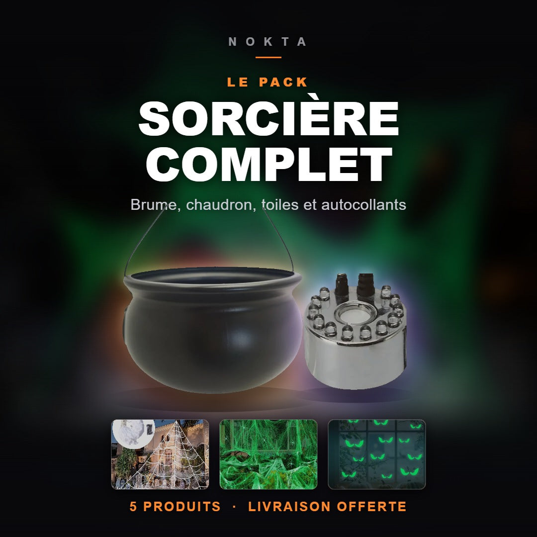 Pack Sorcière Complet NoKta : brumisateur, chaudron, toiles d'araignée et autocollants lumineux